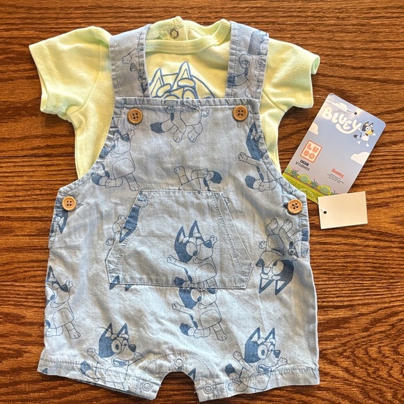 NWT Bluey Baby newborn chambray short Overalls Shirt Set blue green cotton NB - Picture 2 of 9